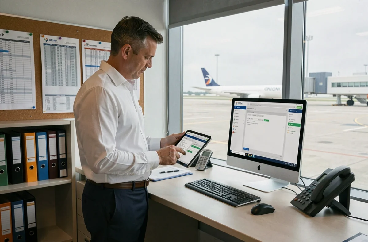 Coordinateur d'opérations aériennes consultant GPNet et Intraligne sur tablette et ordinateur en bureau aéroportuaire