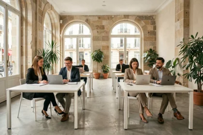 Espace de coworking La Cordée Opéra à Lyon avec des professionnels travaillant dans un cadre Haussmannien rénové