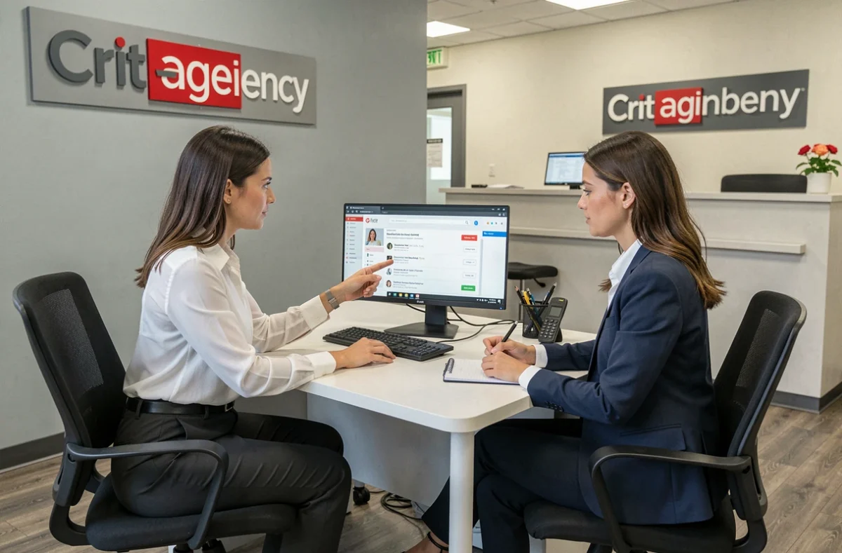 Deux conseillères de l'agence Crit consultant des offres d'emploi sur ordinateur en Bretagne
