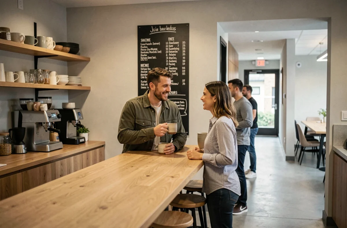 Espace détente et cuisine partagée dans un coworking avec deux professionnels en discussion informelle