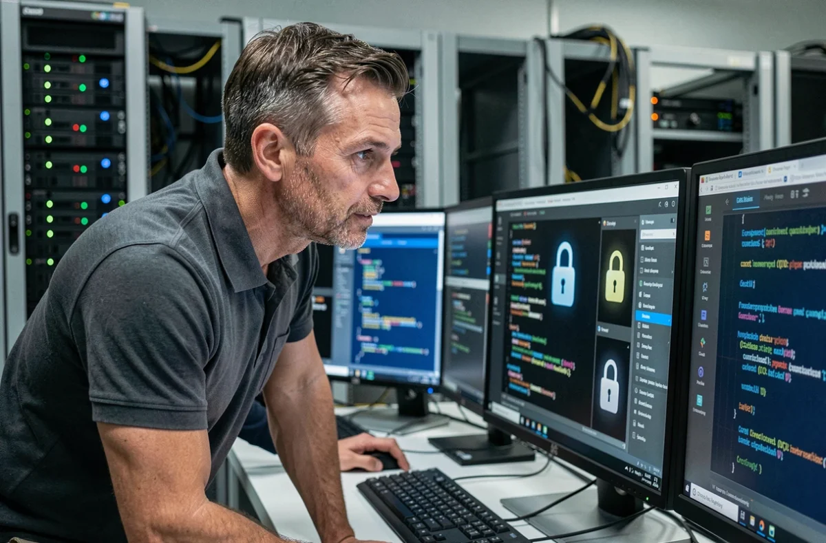 Spécialiste en cybersécurité surveillant des flux de données chiffrées dans une salle de serveurs