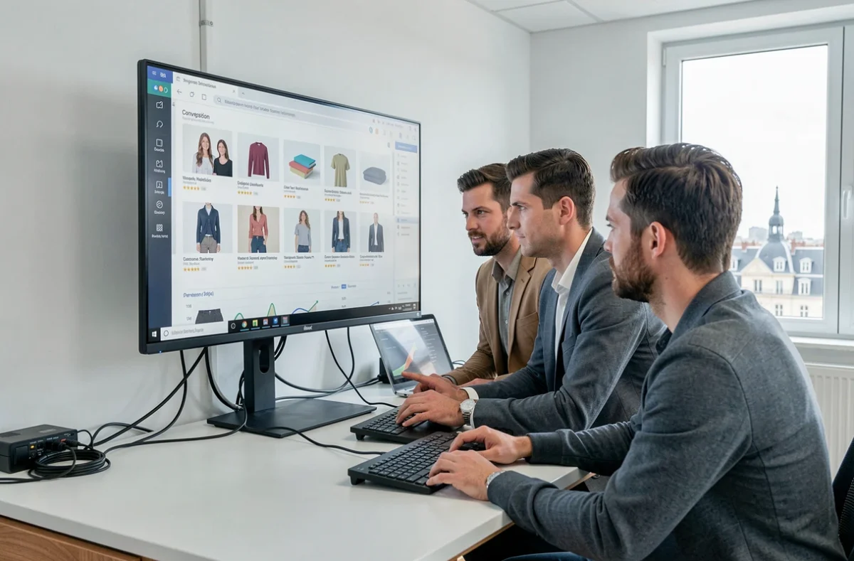 Équipe de l'agence DATASOLUTION travaillant sur une stratégie e-commerce avec des tableaux de bord d'analytics sur écran à Toulouse