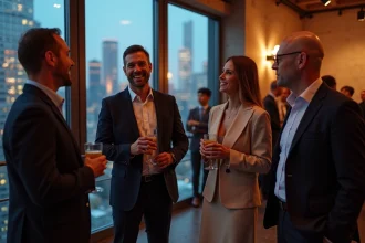 Groupe de décideurs B2B en discussion lors d'un événement de networking professionnel dans un espace moderne avec vue sur la ville