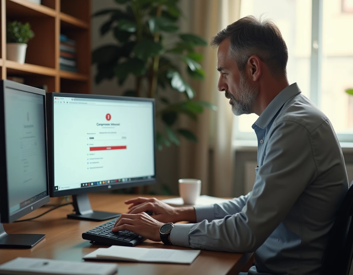 Homme en télétravail tentant de résoudre un problème de connexion au portail intranet depuis son bureau à domicile