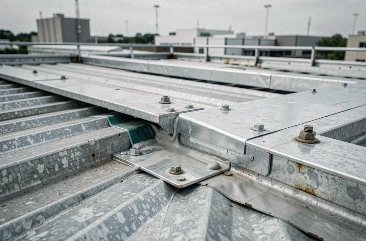 Détail technique d'une jonction de toiture industrielle complexe avec membranes et panneaux métalliques