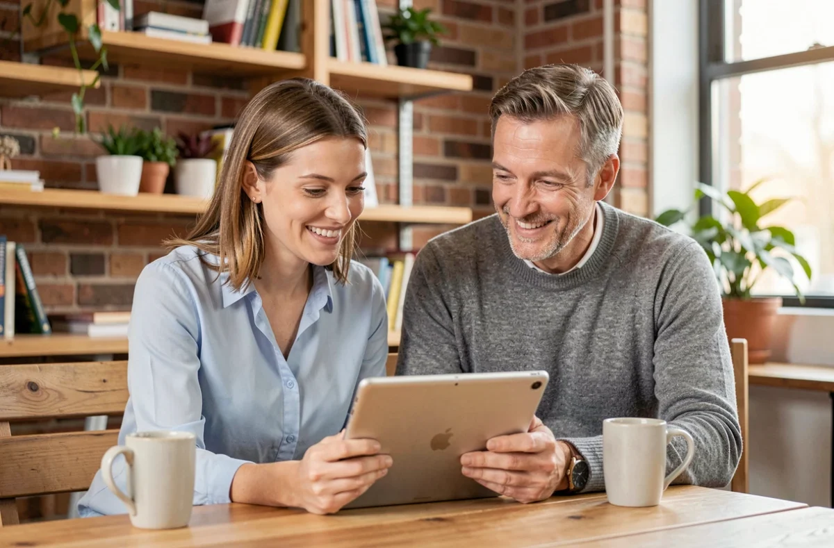 Deux collègues souriants partageant une tablette dans une salle de pause de bureau, symbolisant la communication et la confiance au sein d'une équipe de travail