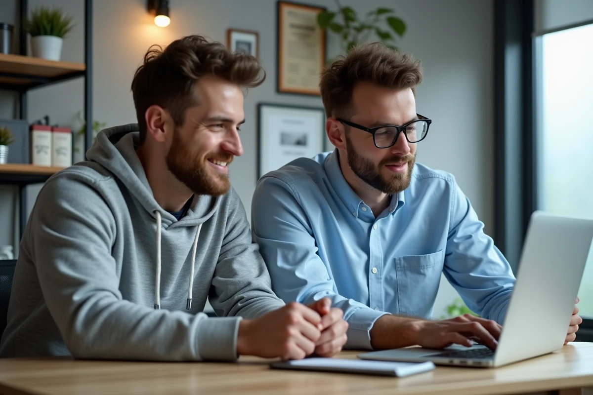 Deux développeurs freelance IT collaborant sur un projet cloud depuis un bureau à domicile professionnel