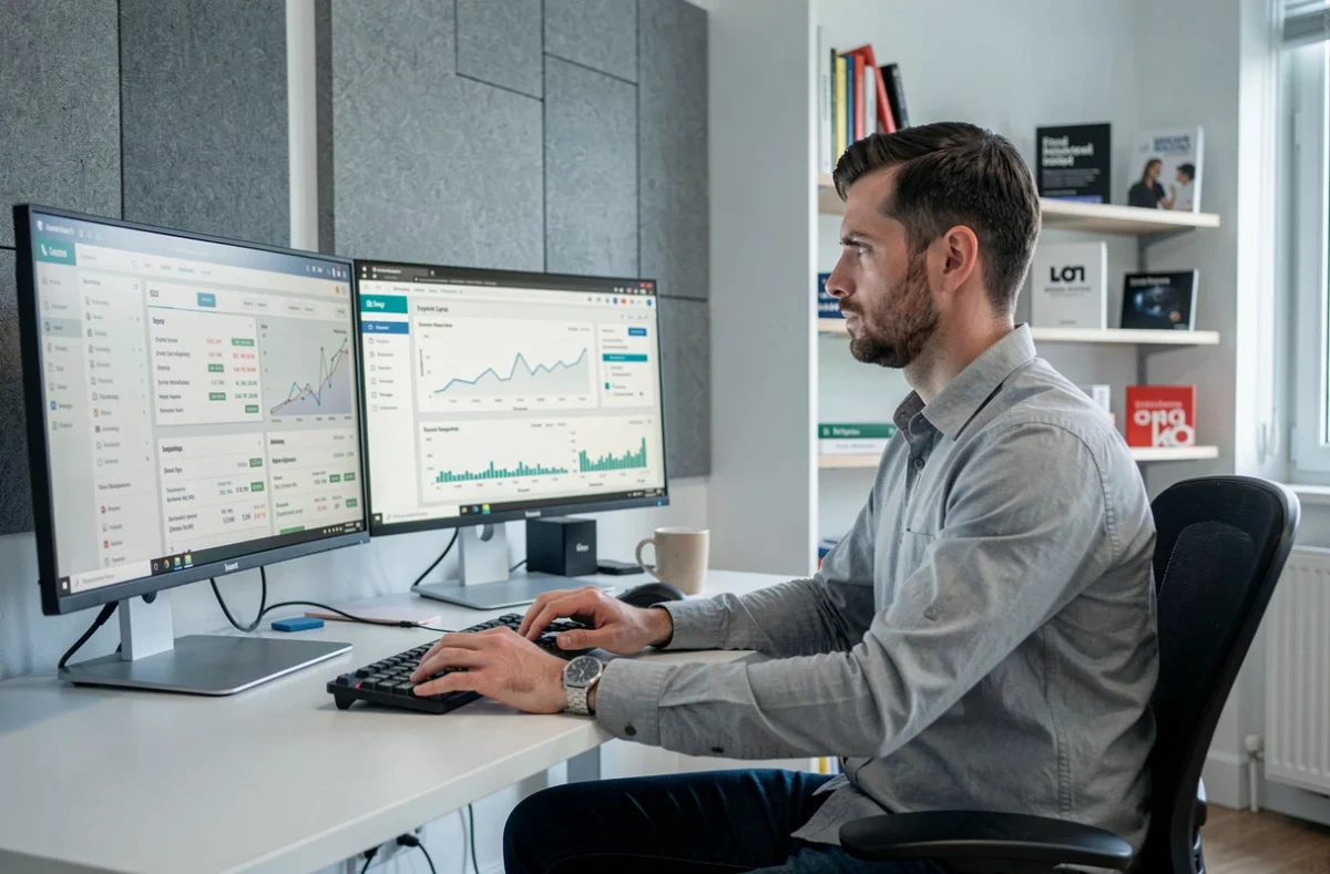 Spécialiste SEO et marketing digital d'une agence lyonnaise analysant des tableaux de bord de performance web sur deux écrans