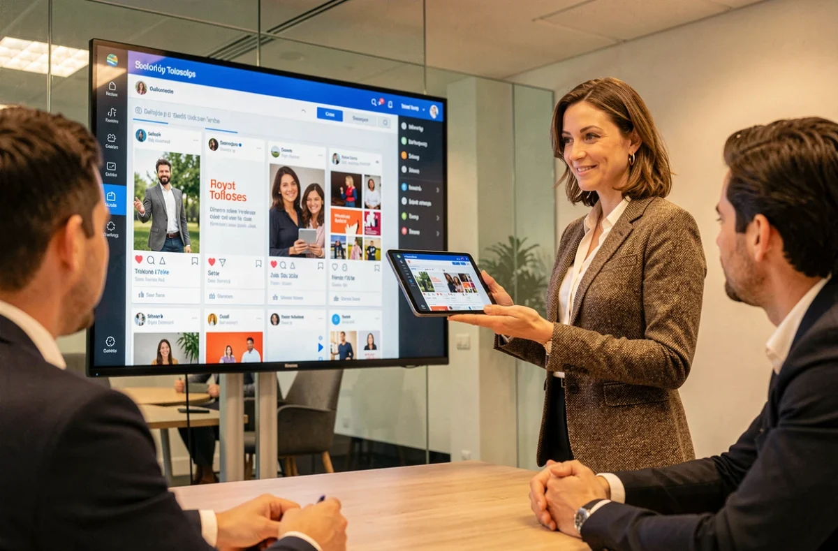 Responsable de l'agence Digital Rhapsody présentant une campagne marketing digital sur tablette et grand écran dans une salle de réunion moderne à Toulouse