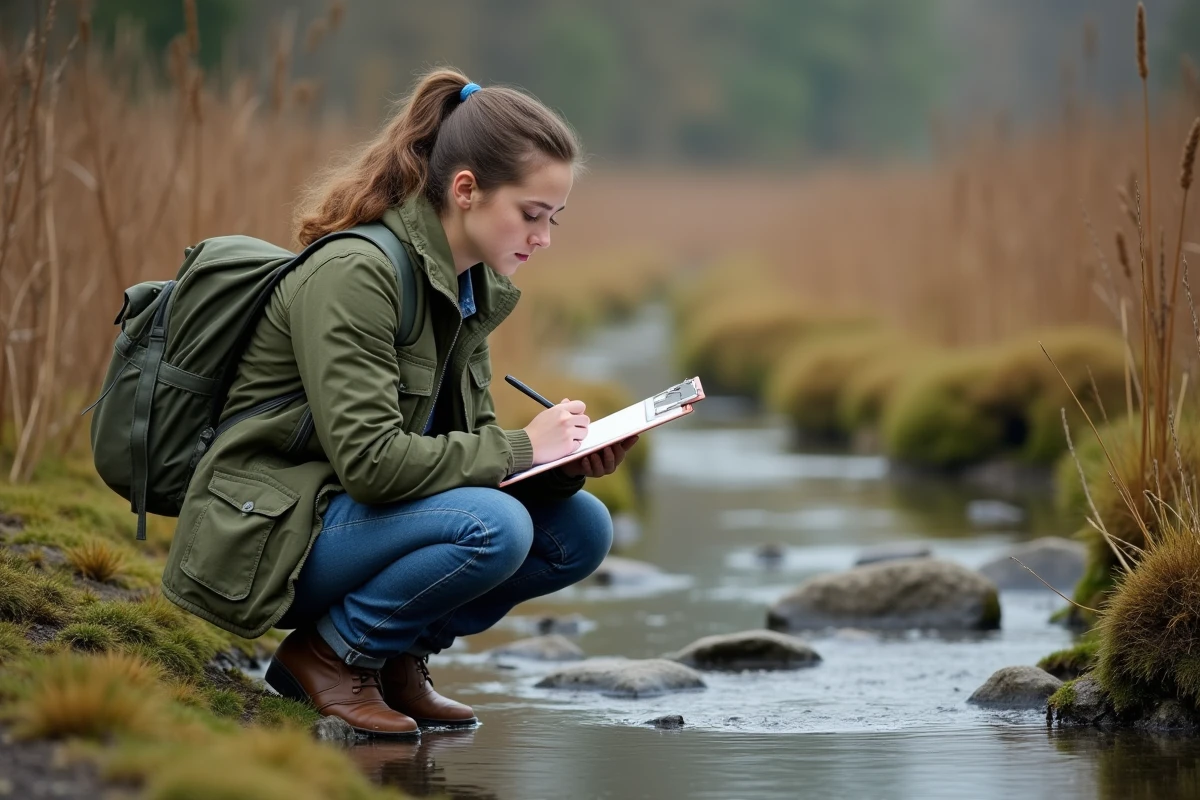Jeune femme diplômée en environnement effectuant un relevé de terrain dans une zone humide naturelle