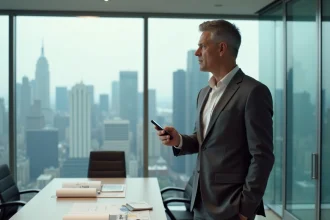 Dirigeant Apple en costume dans un bureau exécutif moderne avec vue sur la ville, tenant un iPhone