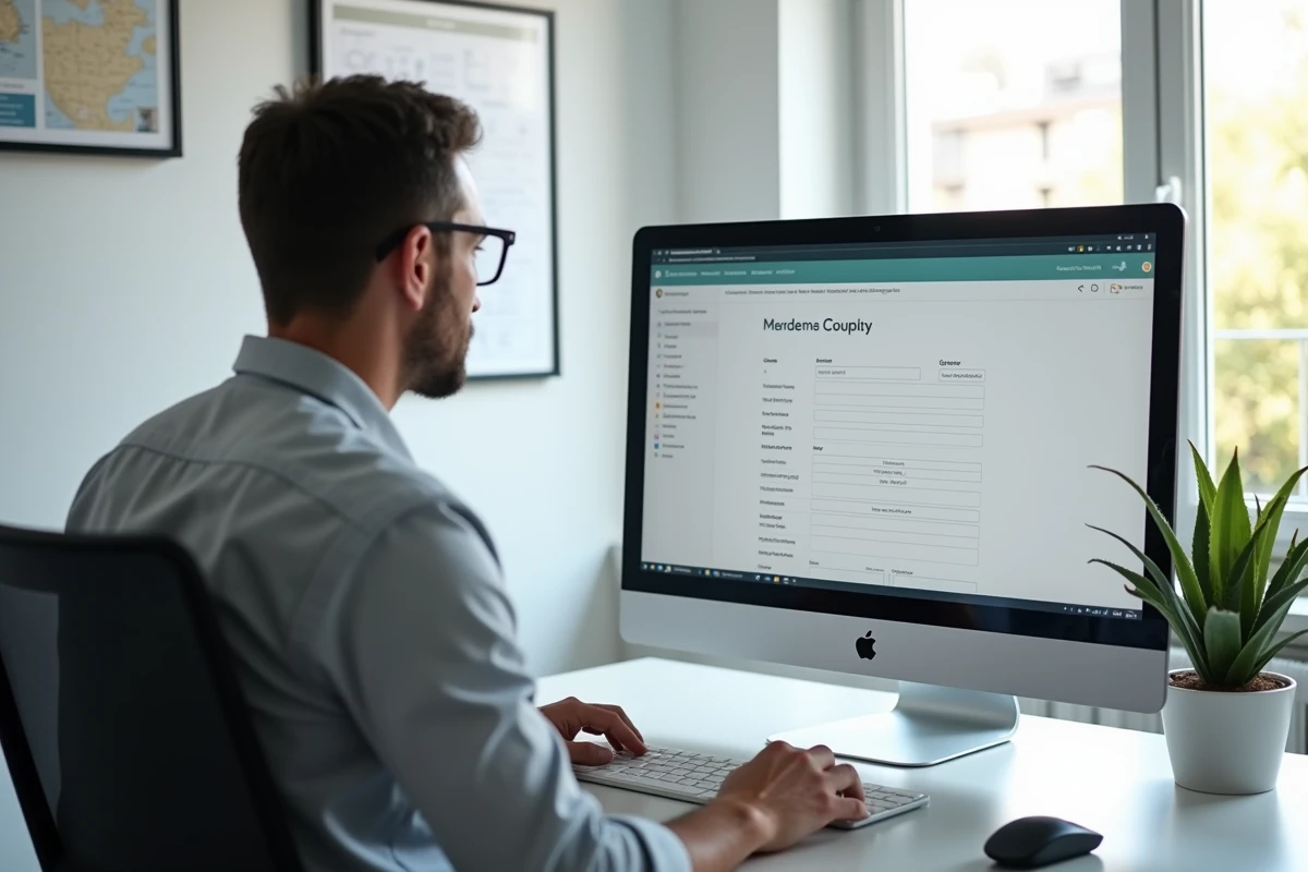 Dirigeant d'entreprise consultant les informations légales d'une société sur un portail en ligne de type Pappers
