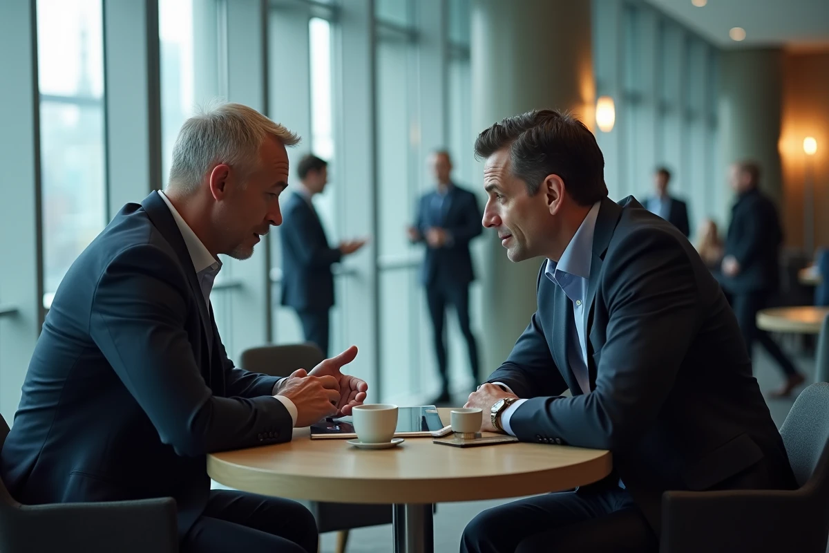 Deux dirigeants d'entreprise en discussion stratégique autour d'une tablette dans un espace networking B2B