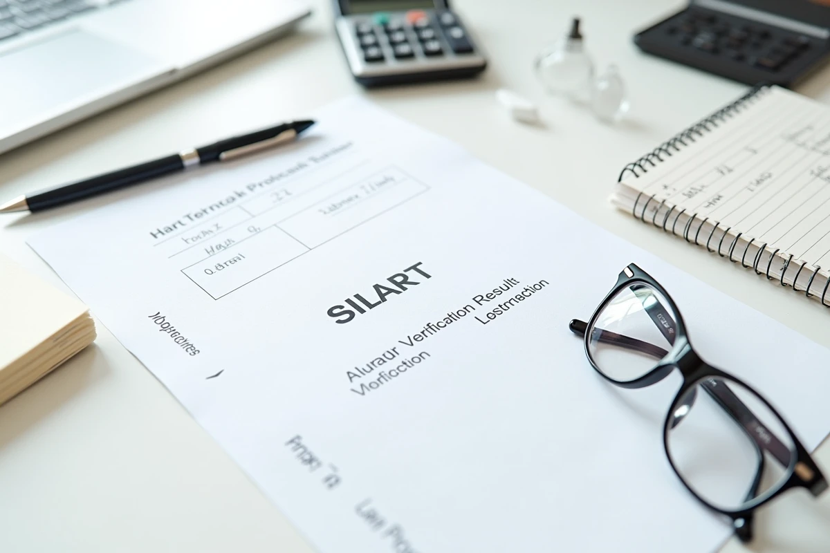 Vue aérienne d'un bureau avec document de résultat de vérification SIRET, stylo, lunettes et notes manuscrites sur numéro d'entreprise