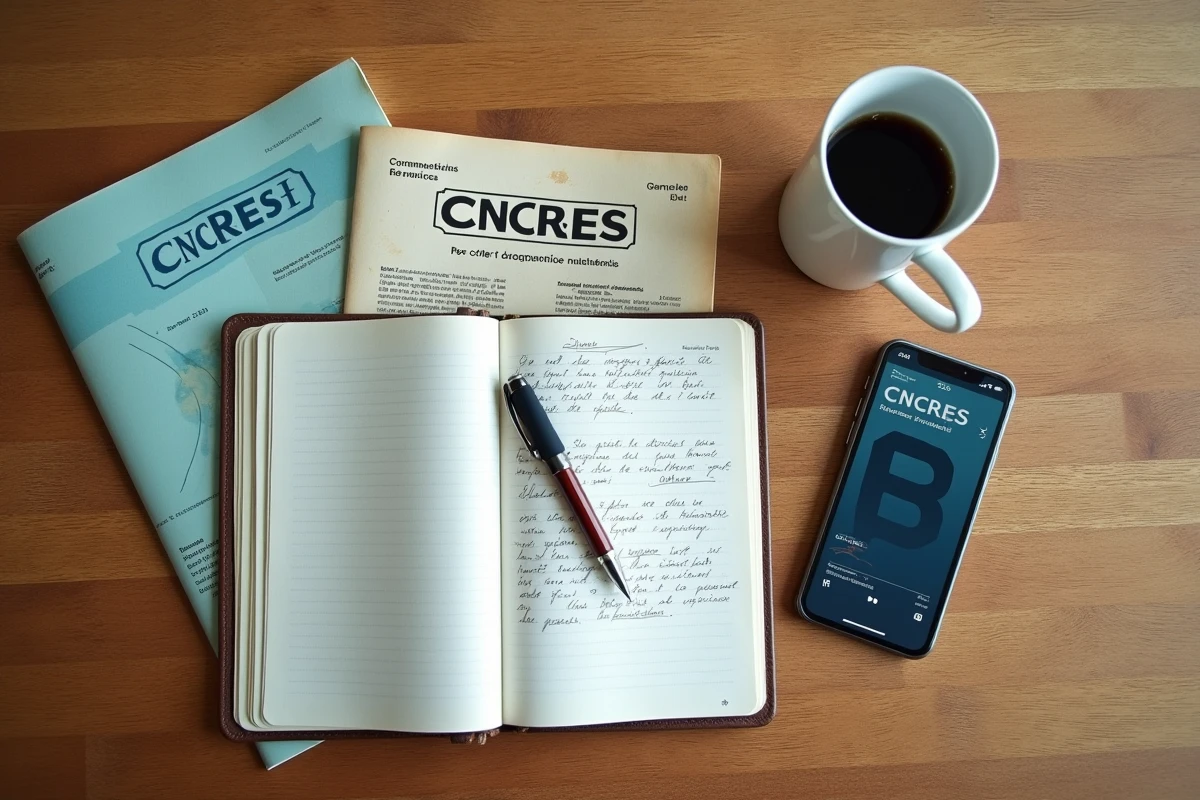 Vue aérienne de documents archivés du CNCRES et publications actuelles d'ESS France sur un bureau de travail