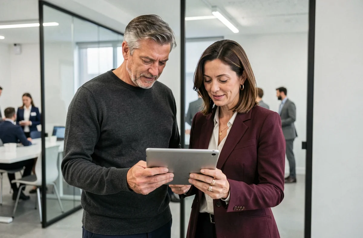 Deux entrepreneurs d'une quarantaine d'années collaborant sur une tablette dans un incubateur d'entreprises, symbolisant l'accompagnement à la création d'entreprise