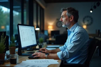 Employé de bureau fatigué consultant un logiciel de suivi du temps sur son ordinateur après une longue journée de travail, illustrant les heures supplémentaires et le dépassement du temps de travail