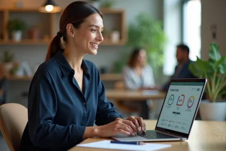 Une employée consulte son espace Mon Compte CSE sur un ordinateur portable dans un bureau moderne