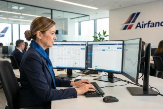 Employée Air France utilisant l'intranet Intraligne sur un poste de travail en bureau d'entreprise