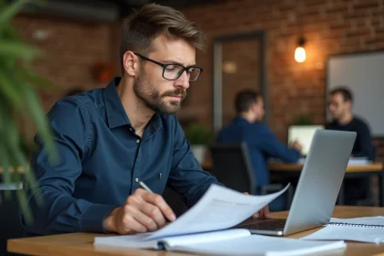 Entrepreneur masculin analysant un blog dédié aux entrepreneurs sur son ordinateur portable dans un espace de coworking moderne