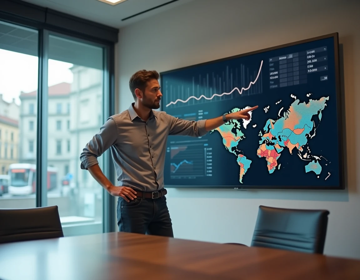 Entrepreneur debout devant un écran de présentation avec des graphiques économiques territoriaux dans une salle de réunion moderne