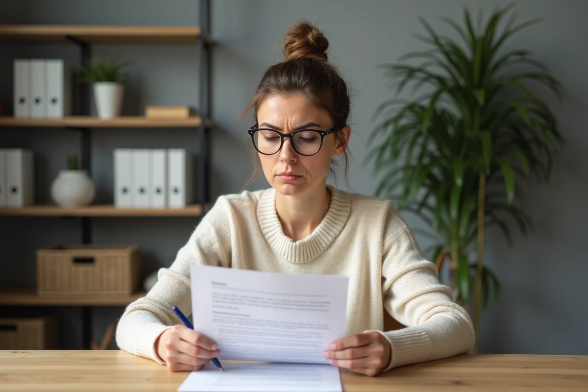 Entrepreneuse lisant attentivement un contrat d'agence à son bureau, symbolisant la vigilance avant de s'engager avec une agence comme Rezoactif