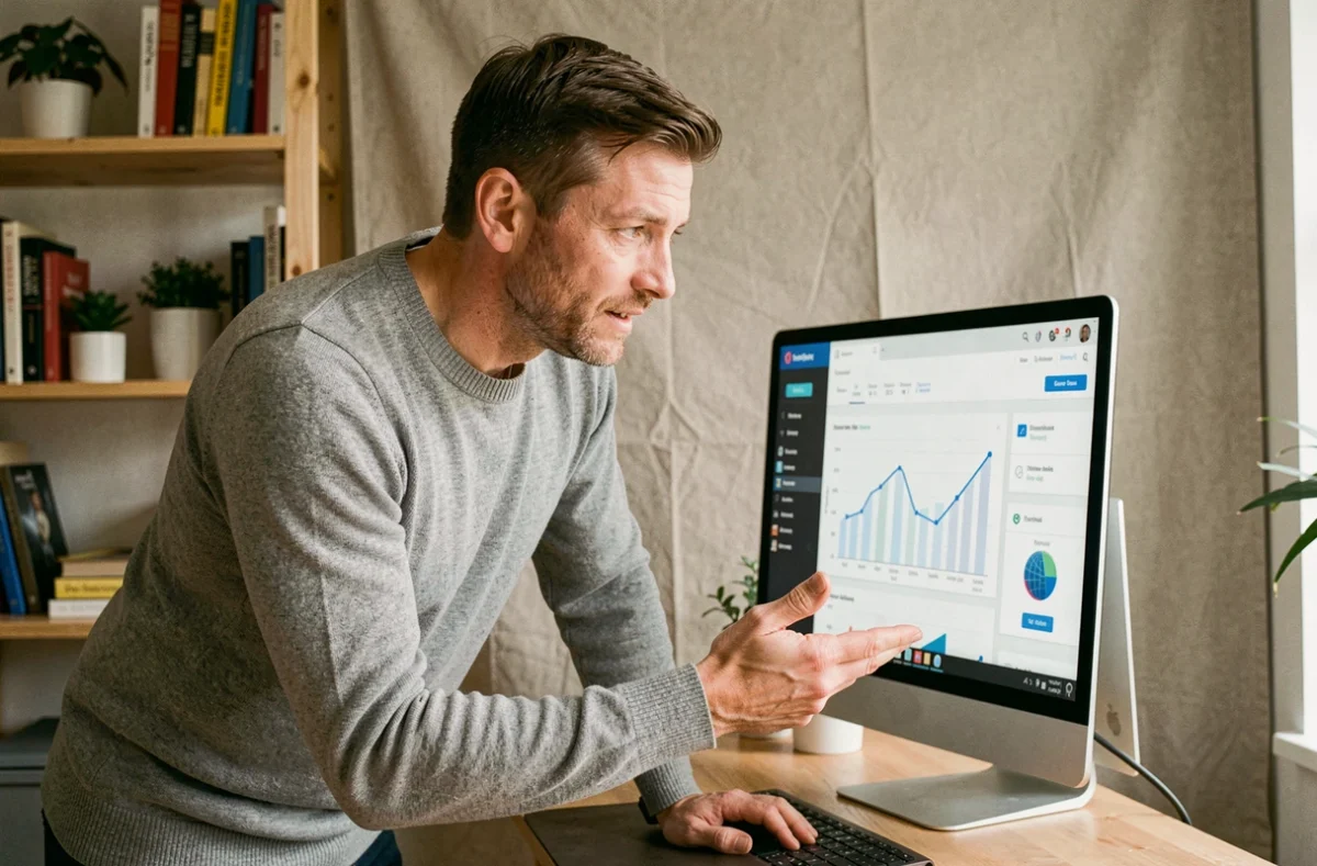 Entrepreneur masculin consultant une plateforme de développement commercial depuis son bureau à domicile