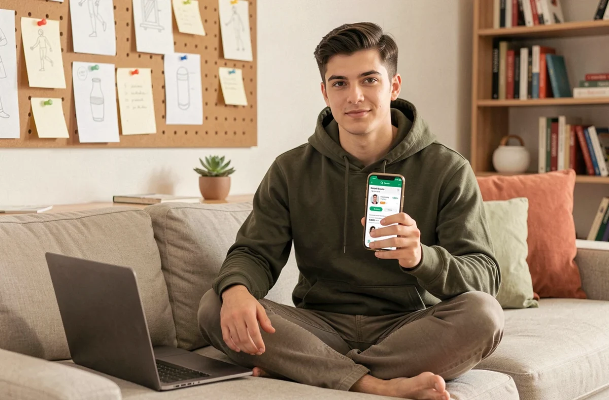 Jeune entrepreneur consultant son catalogue WhatsApp Business depuis son bureau à domicile pour développer ses ventes en ligne