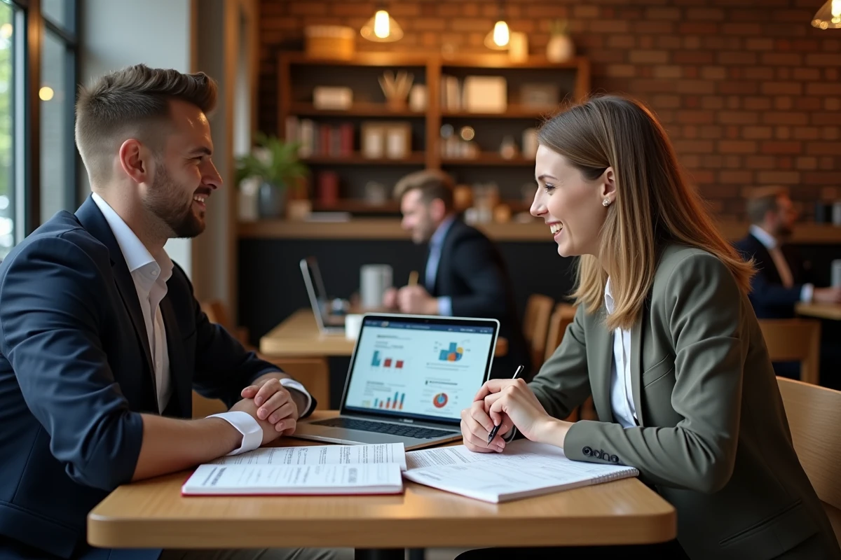 Deux entrepreneurs collaborant sur la validation d'une idée de business dans un café avec un guide numérique et des notes manuscrites