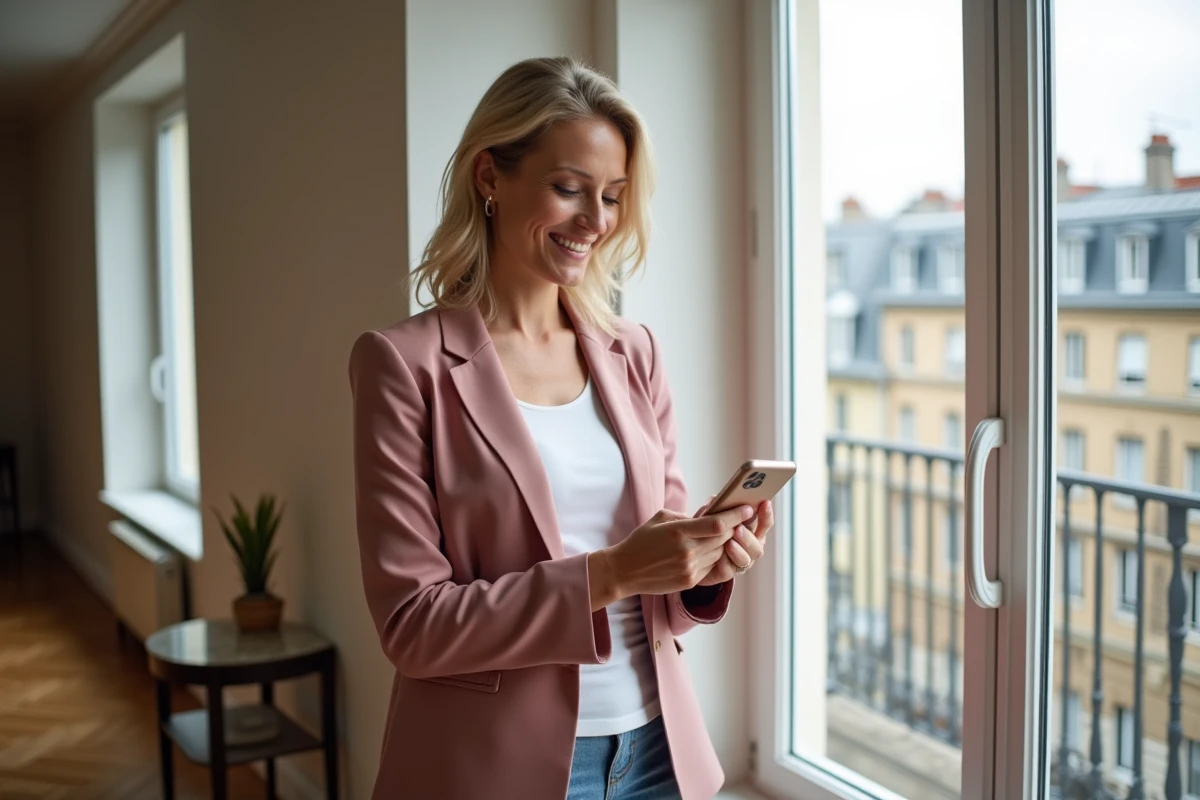 Entrepreneuse indépendante souriante consultant son téléphone dans un appartement parisien, symbolisant la réussite et la simplification administrative pour freelances via POP STARTUP