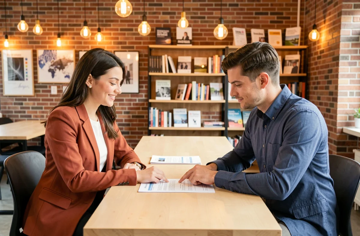 Entretien d'embauche commercial avec recruteur examinant le CV d'une candidate dans un espace de coworking moderne