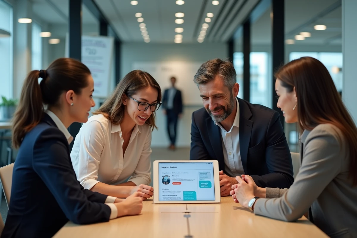 Trois collègues consultent ensemble les avantages CSE disponibles sur une tablette en salle de réunion