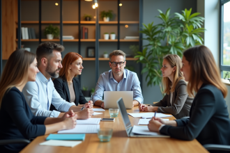 Groupe divers d'employes en réunion de travail