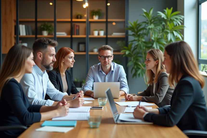 Groupe divers d'employes en réunion de travail