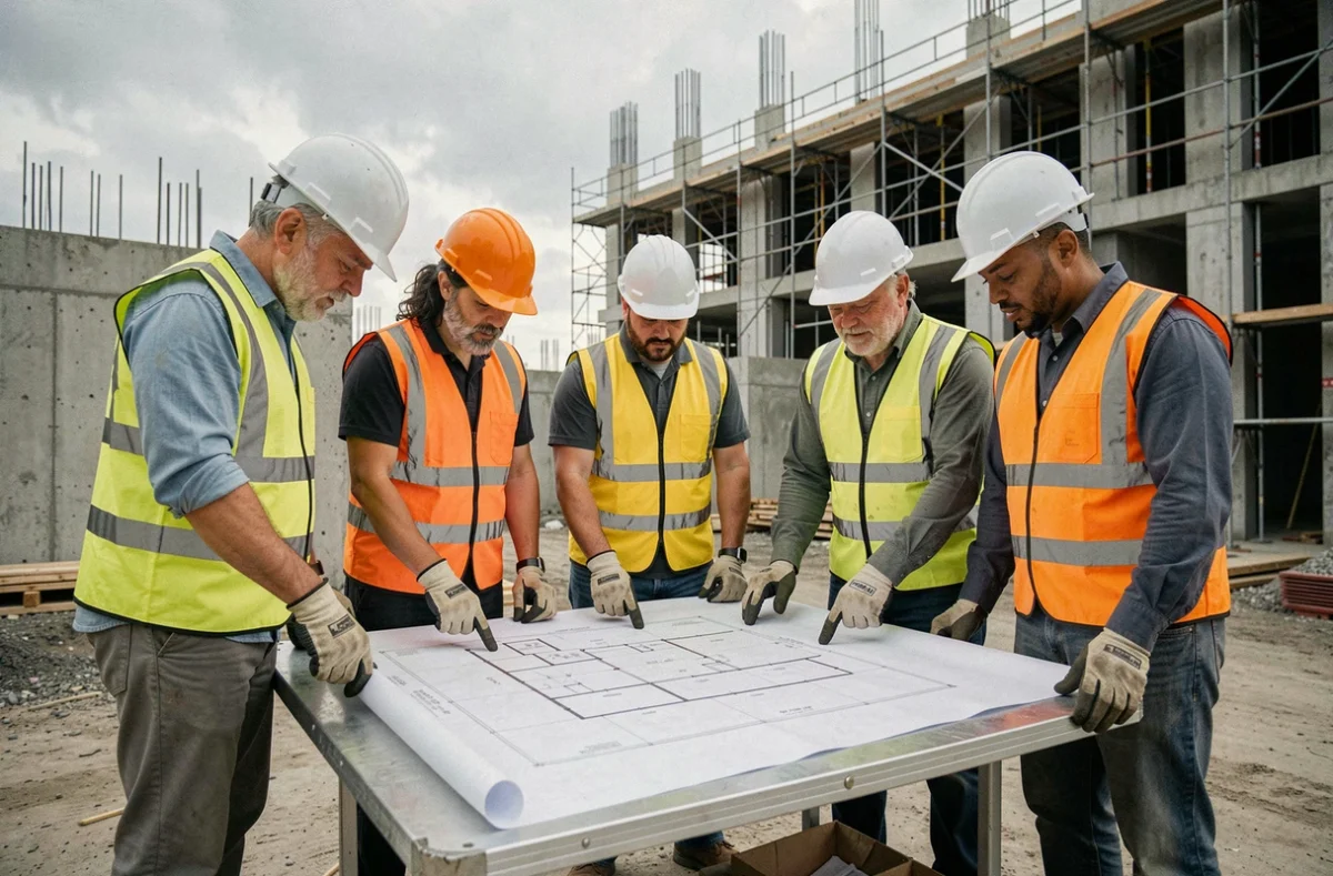 Équipe de travailleurs en gilets de sécurité étudiant un plan sur un chantier de construction, représentant la solidarité et la coopération dans un environnement de travail exigeant