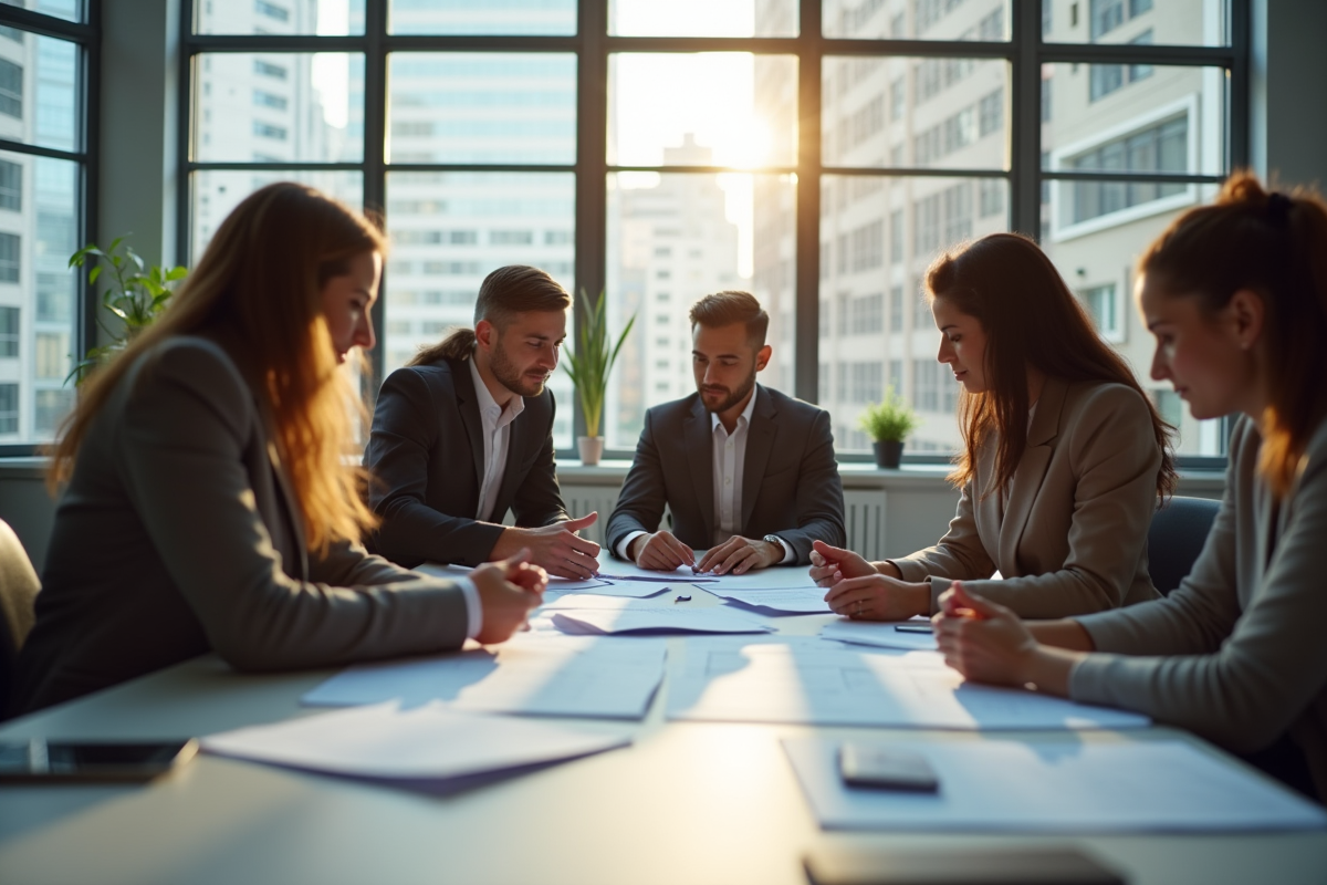 Groupe de professionnels collaborant dans un bureau lumineux