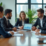 Groupe de professionnels en réunion de travail dynamique