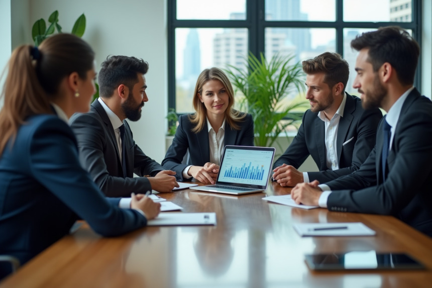 Groupe de professionnels en réunion de travail dynamique