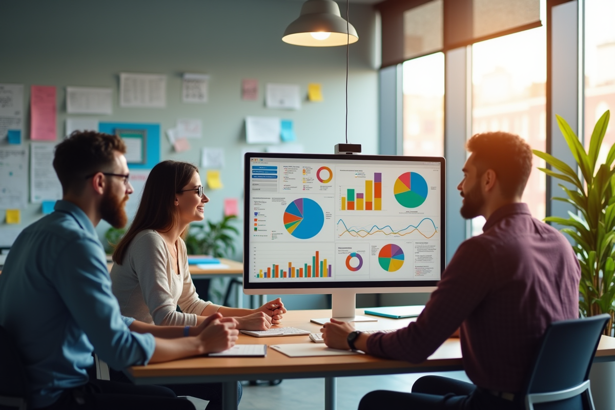 Equipe diverse collaborant dans un bureau lumineux pour l'automatisation marketing