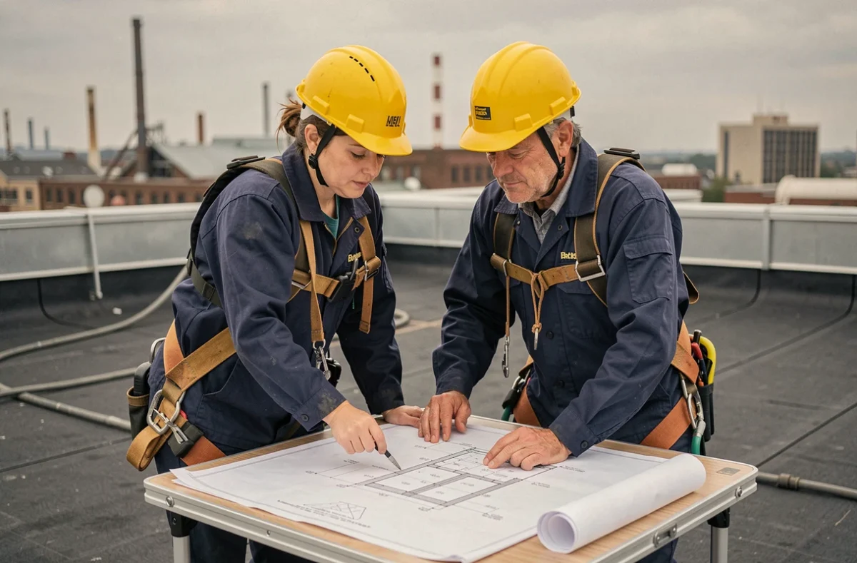 Équipe de couvreurs professionnels étudiant les plans d'une toiture industrielle complexe