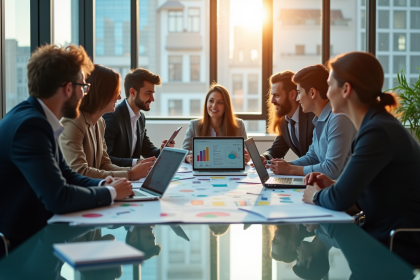 Groupe de professionnels discutant de graphiques de vente