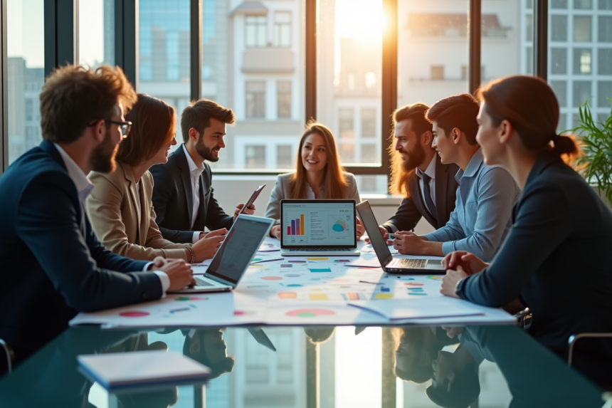 Groupe de professionnels discutant de graphiques de vente