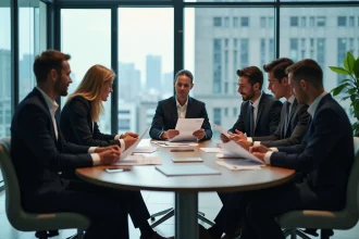 Groupe de professionnels financiers en réunion dans un bureau moderne