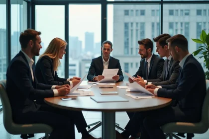 Groupe de professionnels financiers en réunion dans un bureau moderne