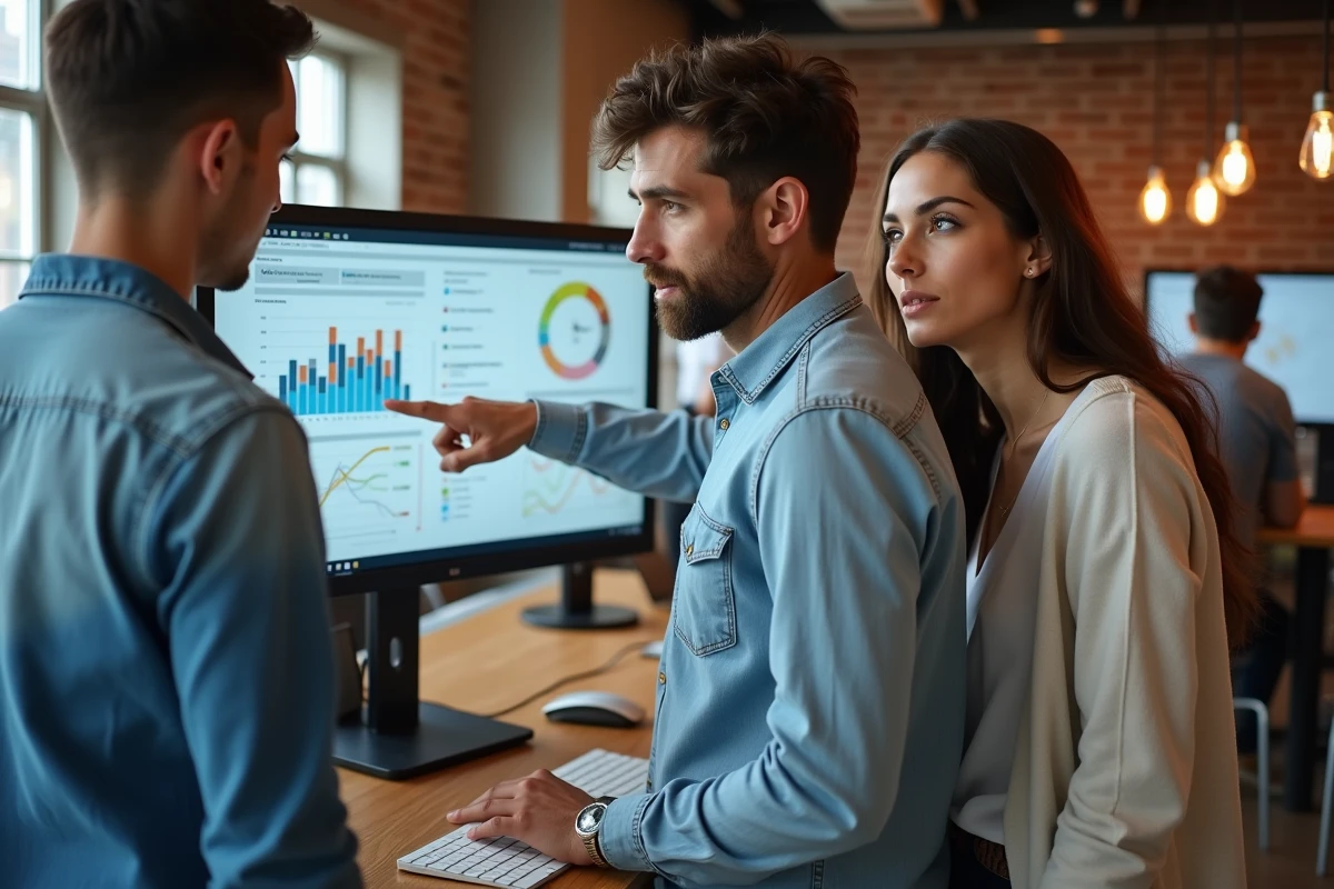 Équipe de professionnels en marketing analysant des tableaux de bord et des stratégies digitales dans un espace de coworking moderne