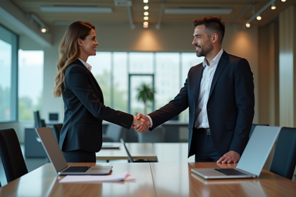 Femme d'affaires serrant la main d'un homme dans un bureau moderne