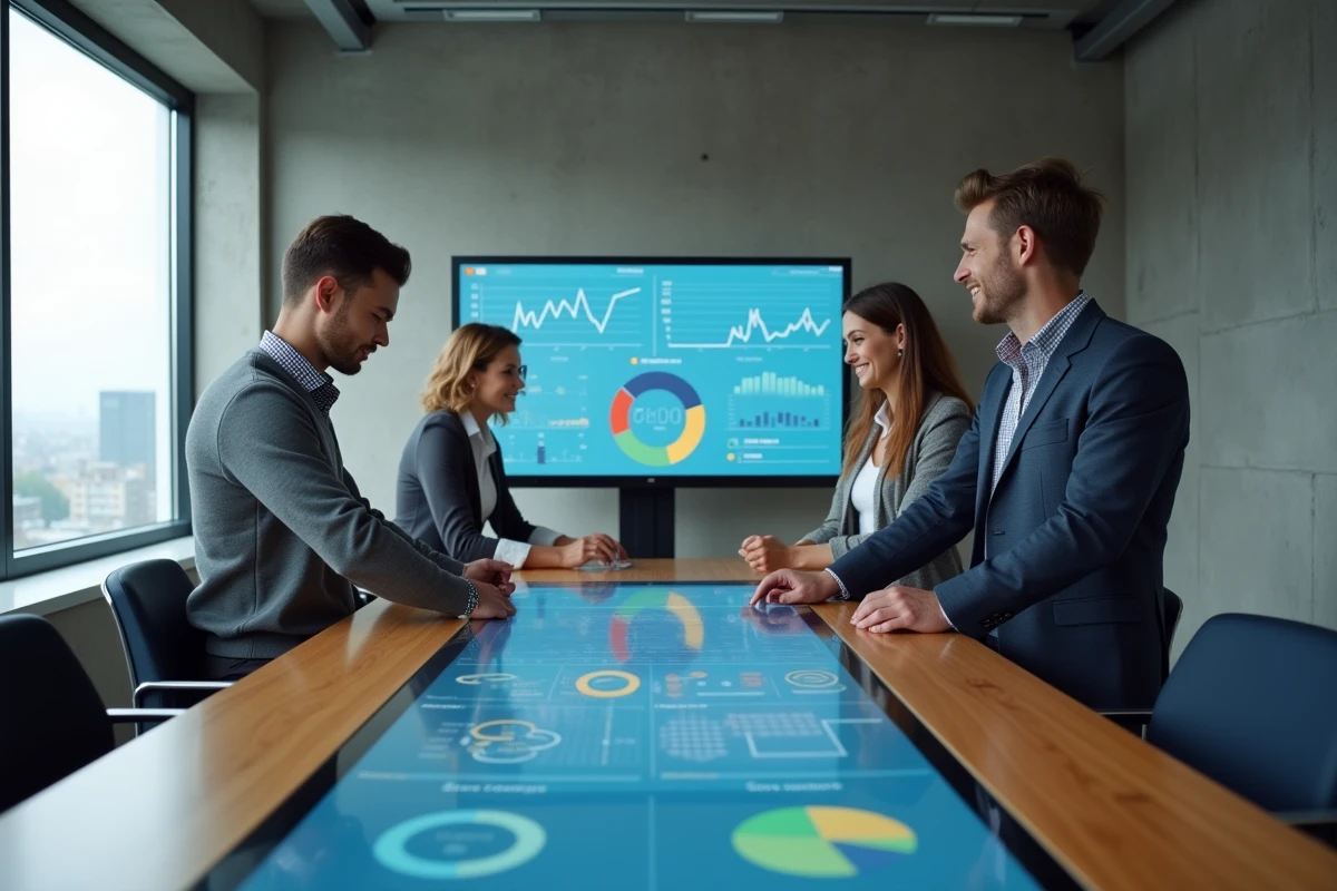 Équipe RH collaborant autour d'une table tactile affichant des analyses de données et nouvelles fonctionnalités RH en salle de réunion