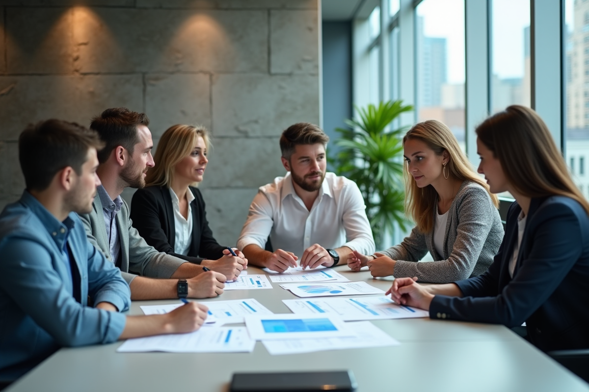 Groupe de professionnels IT discutant de cyberreglementation