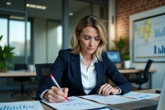 Femme d'affaires analysant des données économiques territoriales avec des rapports imprimés et un ordinateur portable dans un bureau moderne