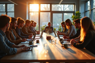 Espace coworking moderne avec entrepreneurs collaborant